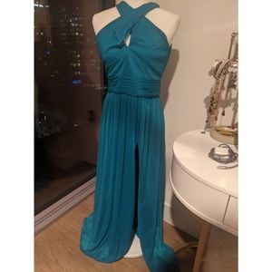 David's Bridal High-Neck Mesh Crisscross Bridesmaid Dress Teal (Oasis)